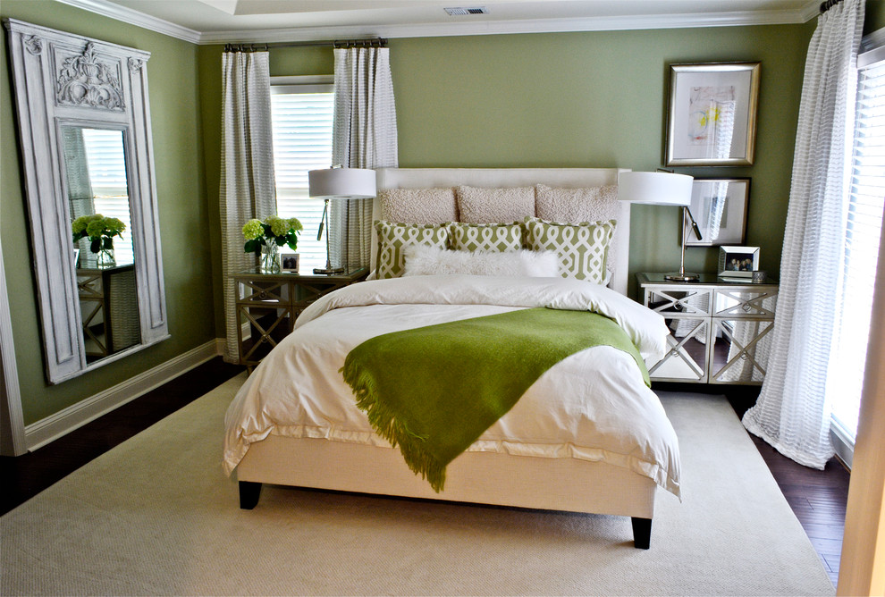 Mid-sized transitional master dark wood floor bedroom photo in Atlanta with green walls