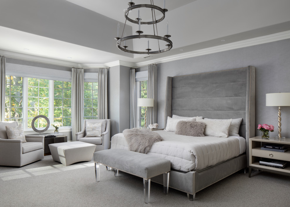 Klassisches Schlafzimmer mit grauer Wandfarbe, Teppichboden, grauem Boden und gewölbter Decke in Philadelphia