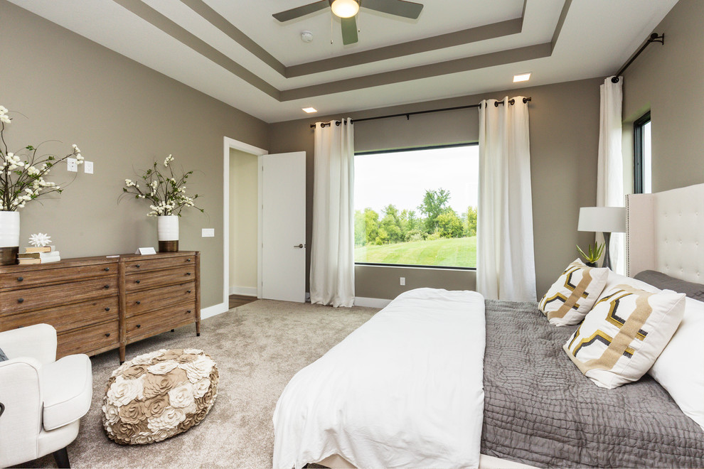 他の地域にある広いトランジショナルスタイルのおしゃれな主寝室 (グレーの壁、カーペット敷き、グレーの床)