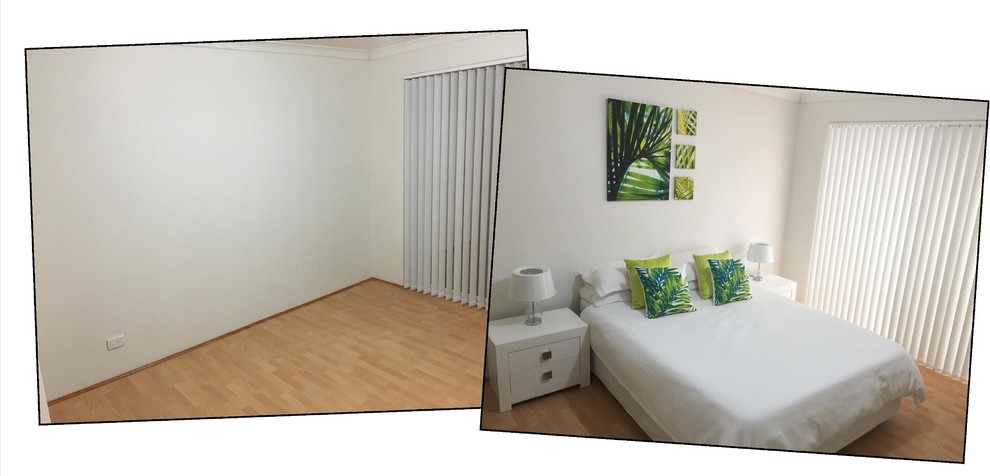 Großes Modernes Hauptschlafzimmer ohne Kamin mit weißer Wandfarbe und hellem Holzboden in Perth