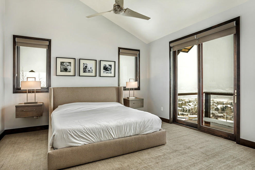デンバーにある広いトランジショナルスタイルのおしゃれな主寝室 (グレーの壁、カーペット敷き、暖炉なし、ベージュの床) のレイアウト