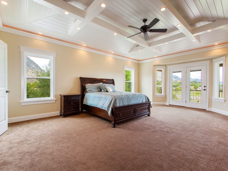 Inspiration for a large craftsman master carpeted bedroom remodel in Salt Lake City with yellow walls