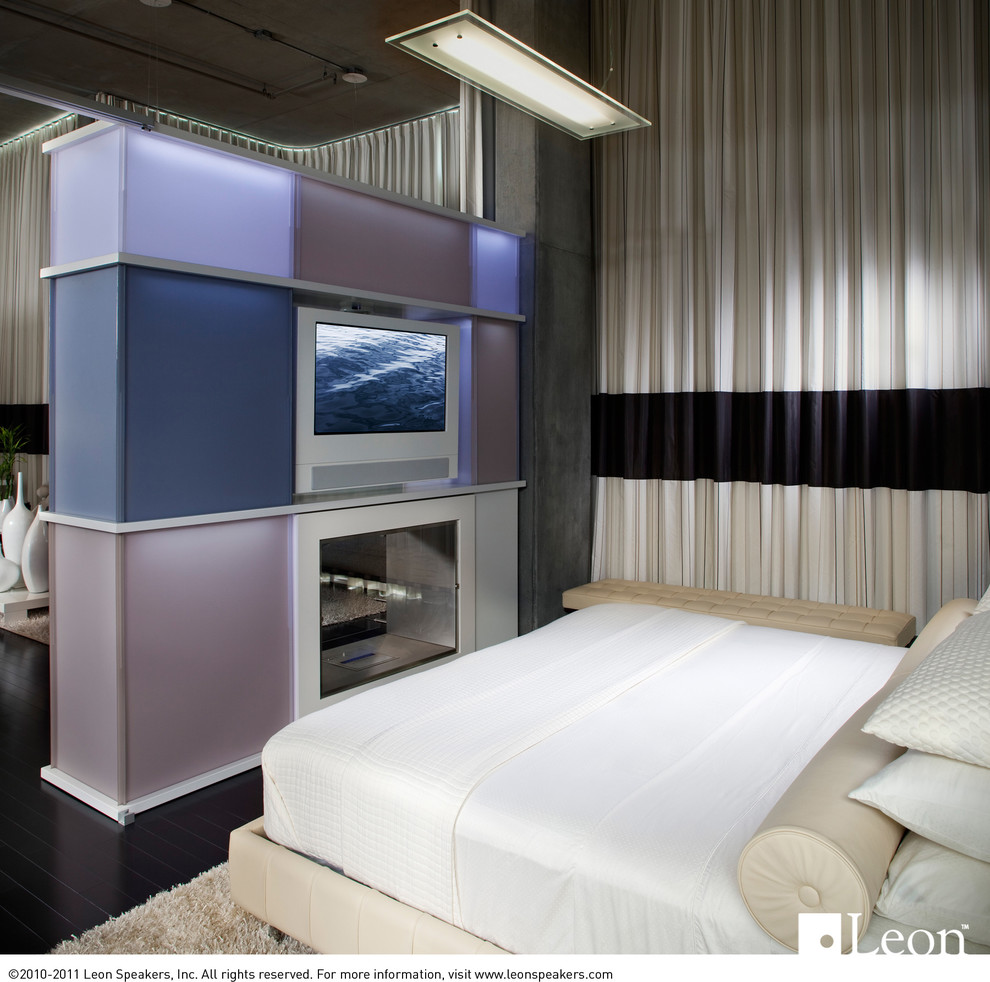 Ispirazione per una piccola camera da letto stile loft design con parquet scuro e camino bifacciale