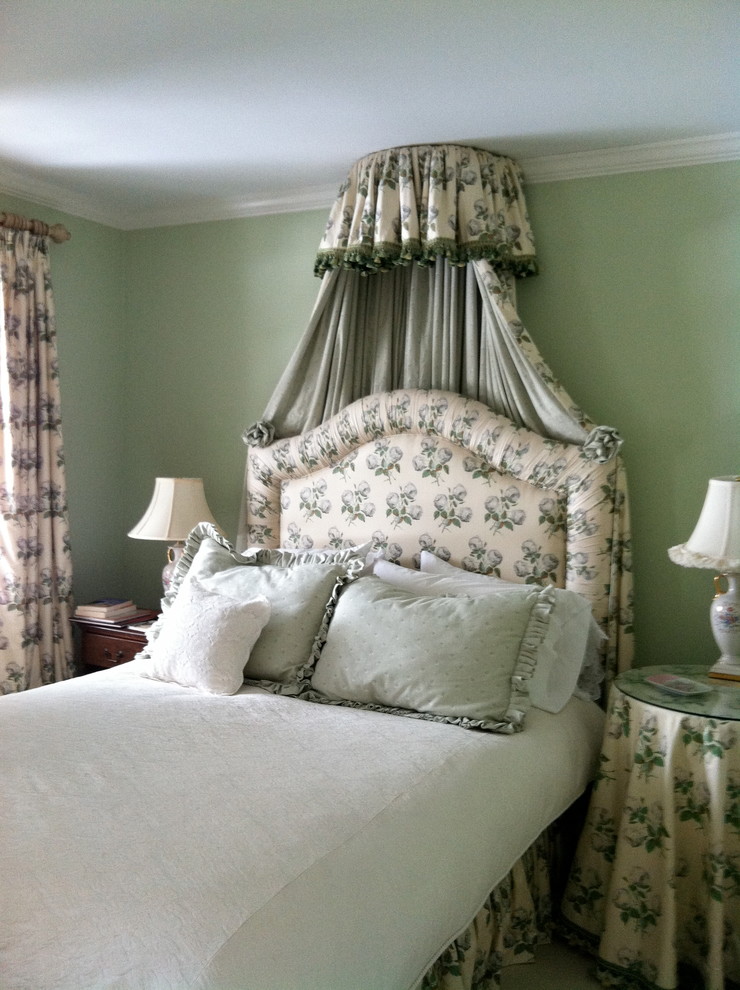 Design ideas for a medium sized traditional guest bedroom in DC Metro with green walls and no fireplace.