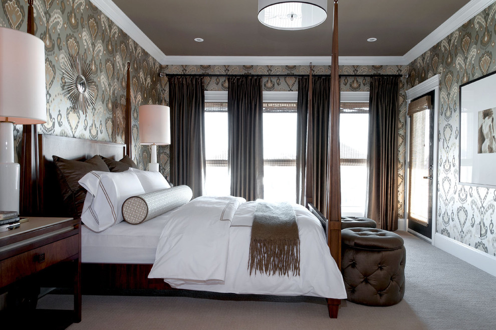 Trendy carpeted bedroom photo in Other with multicolored walls