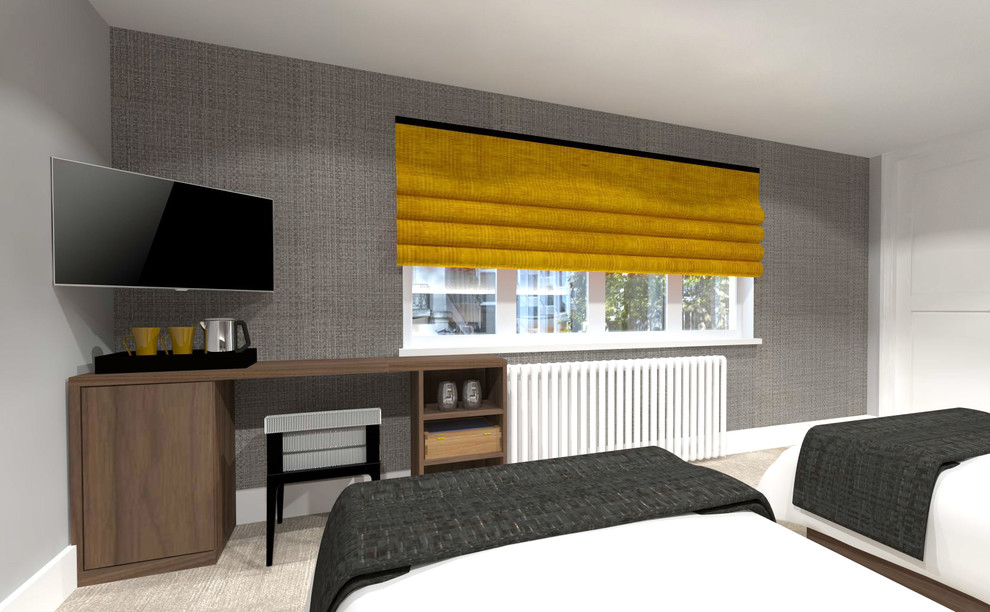 ロンドンにあるコンテンポラリースタイルのおしゃれな客用寝室 (グレーの壁、カーペット敷き) のインテリア