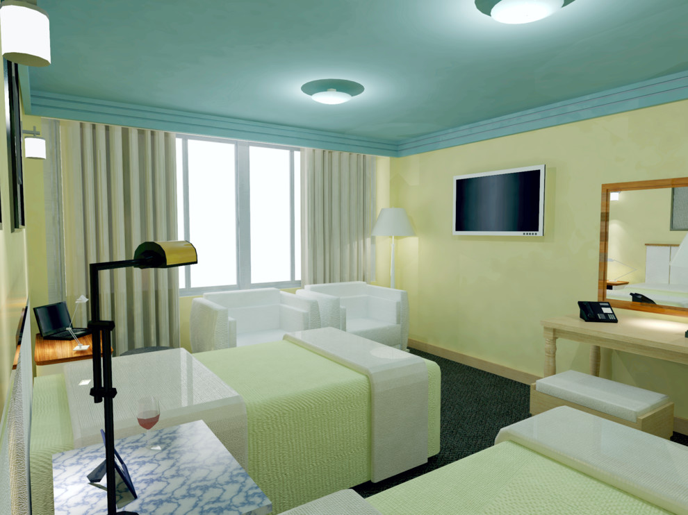 Großes Modernes Schlafzimmer im Loft-Style mit gelber Wandfarbe und Betonboden in Sonstige