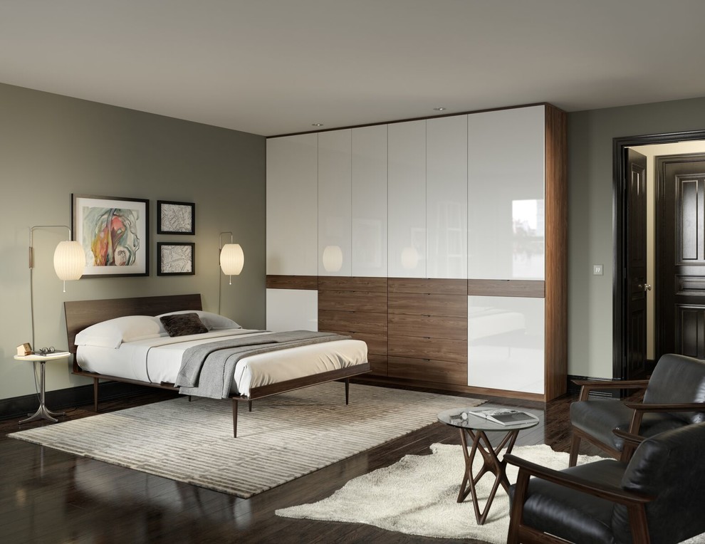 На фото: большая хозяйская спальня в стиле модернизм с серыми стенами, темным паркетным полом и коричневым полом без камина с
