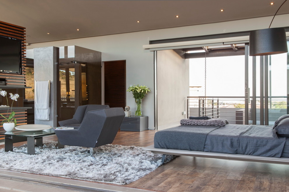 Großes Modernes Hauptschlafzimmer mit grauer Wandfarbe und Eckkamin in Sonstige