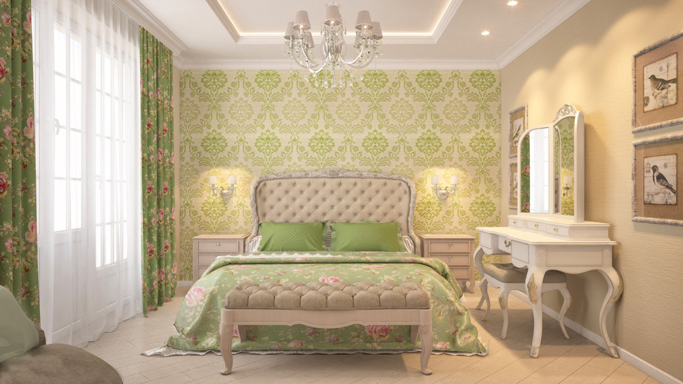 Aménagement d'une chambre parentale classique de taille moyenne avec un mur vert, parquet clair, une cheminée standard et un manteau de cheminée en pierre.