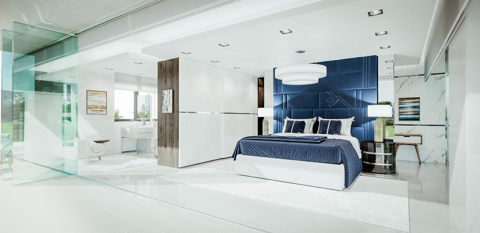 Bedroom - large contemporary master porcelain tile, beige floor, tray ceiling and wall paneling bedroom idea in Los Angeles with white walls, no fireplace and a tile fireplace
