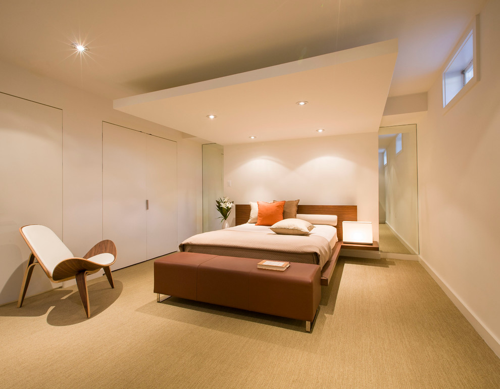 Idee per una piccola camera degli ospiti minimal con pareti bianche e moquette