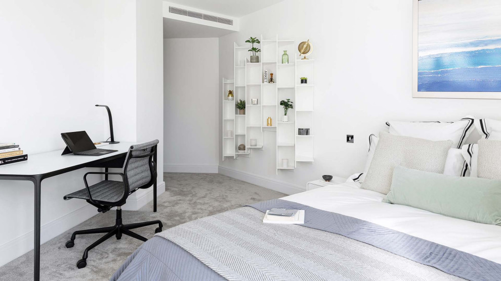 Пример оригинального дизайна: гостевая спальня среднего размера, (комната для гостей) в современном стиле с белыми стенами и ковровым покрытием