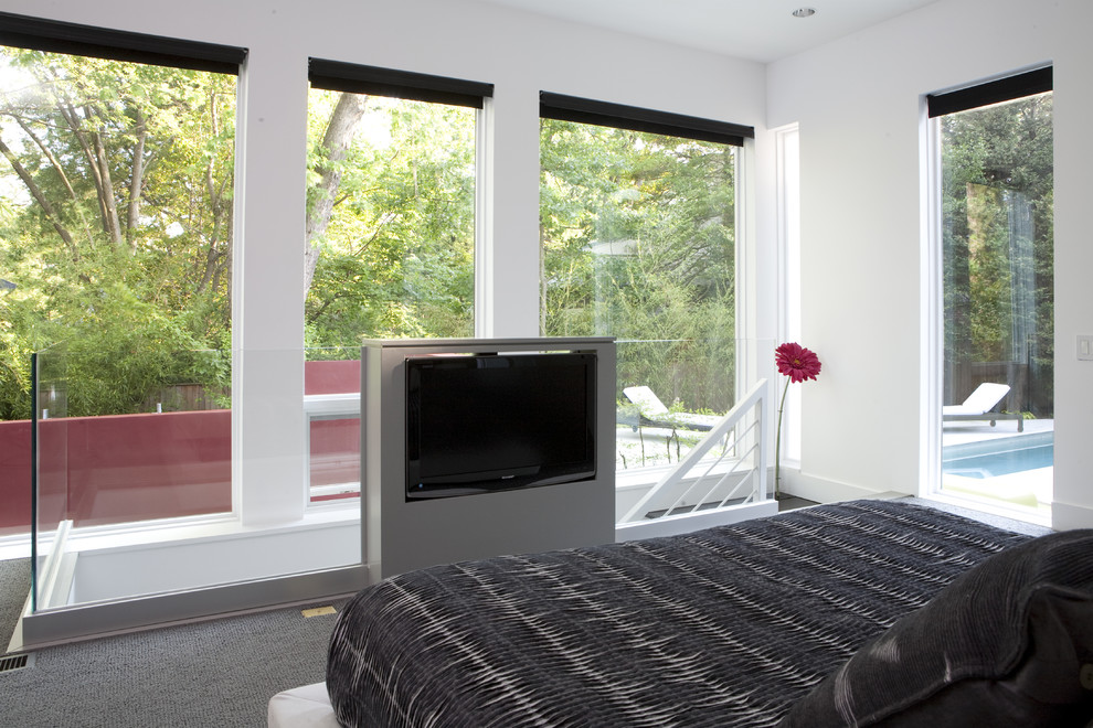 Свежая идея для дизайна: хозяйская спальня среднего размера в стиле неоклассика (современная классика) с ковровым покрытием, серыми стенами и серым полом - отличное фото интерьера