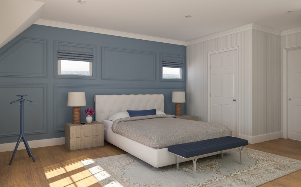 シアトルにある中くらいなトランジショナルスタイルのおしゃれな客用寝室 (白い壁、無垢フローリング、暖炉なし、黄色い床) のレイアウト