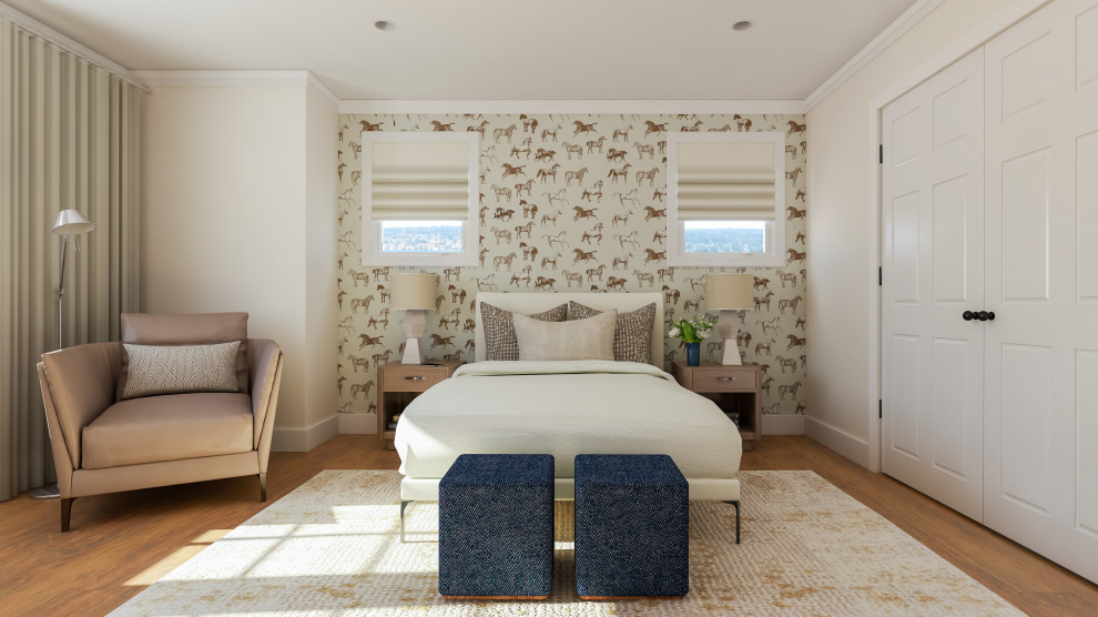 Imagen de habitación de invitados clásica renovada de tamaño medio sin chimenea con paredes blancas, suelo de madera en tonos medios y suelo amarillo