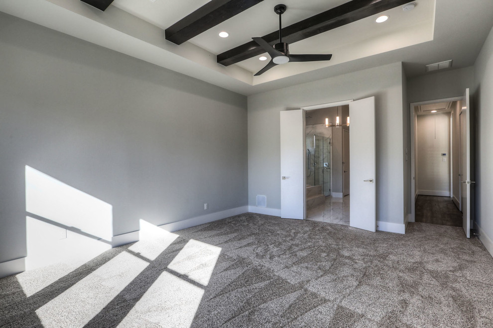 Idée de décoration pour une grande chambre minimaliste avec un mur gris et un sol gris.