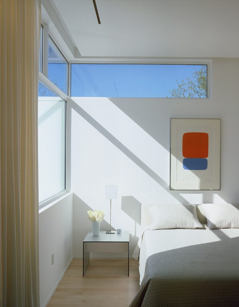 Design ideas for a modern bedroom in Houston with white walls and light hardwood flooring.