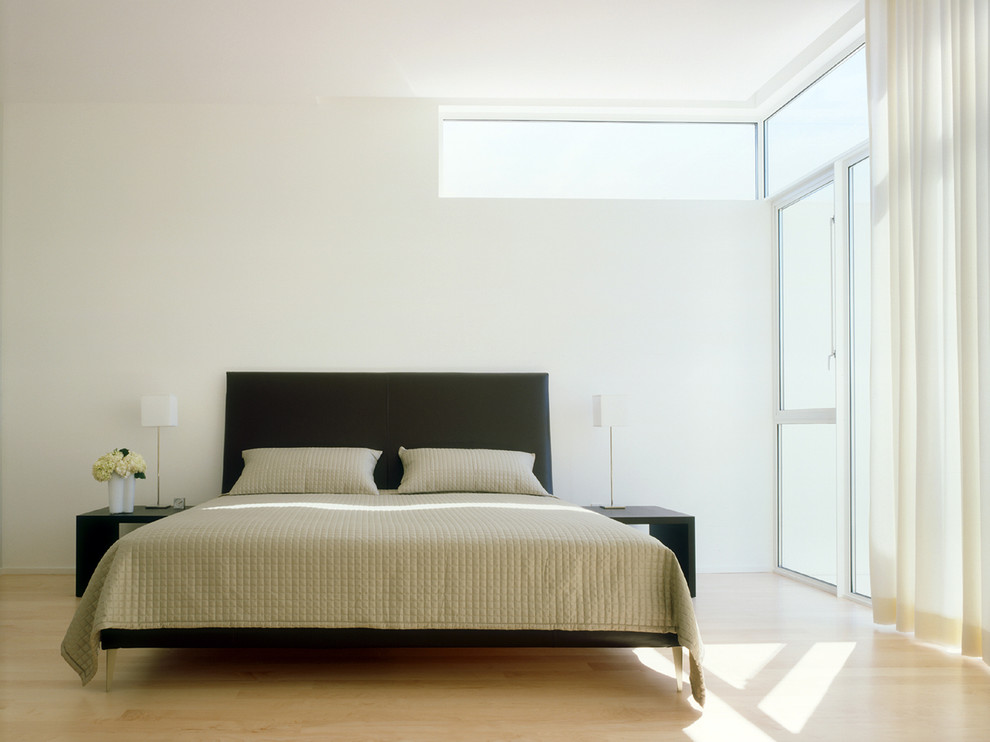 Inspiration for a modern master bedroom in Houston with white walls, light hardwood flooring and no fireplace.