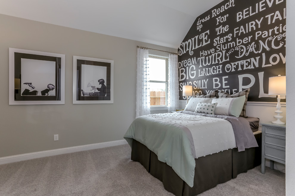 Inspiration for a medium sized contemporary guest bedroom in Houston with grey walls, carpet and beige floors.