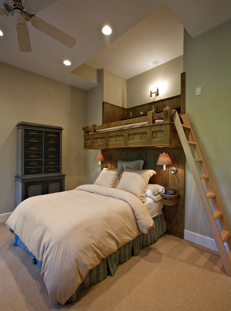 Medium sized rustic guest bedroom in Houston with brown walls, carpet and no fireplace.