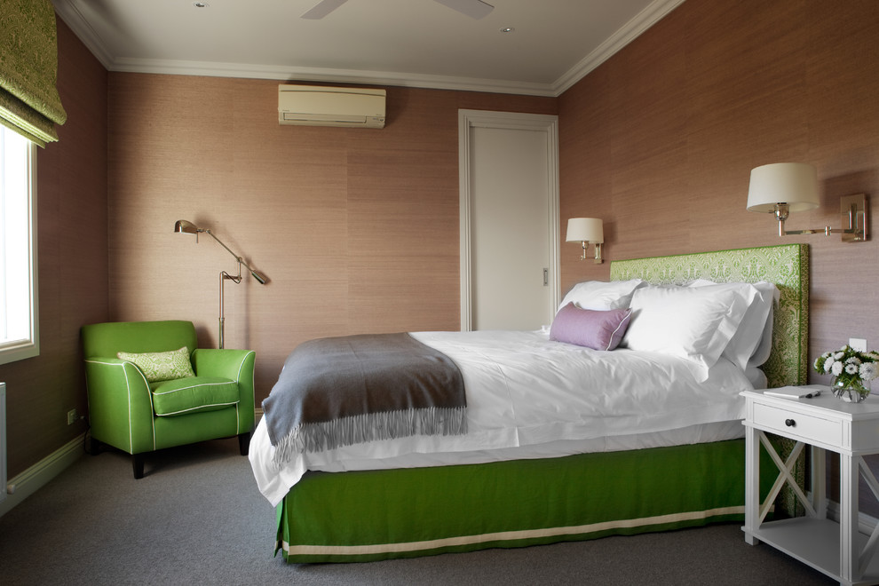 Inspiration for an eclectic carpeted bedroom remodel in Melbourne with brown walls