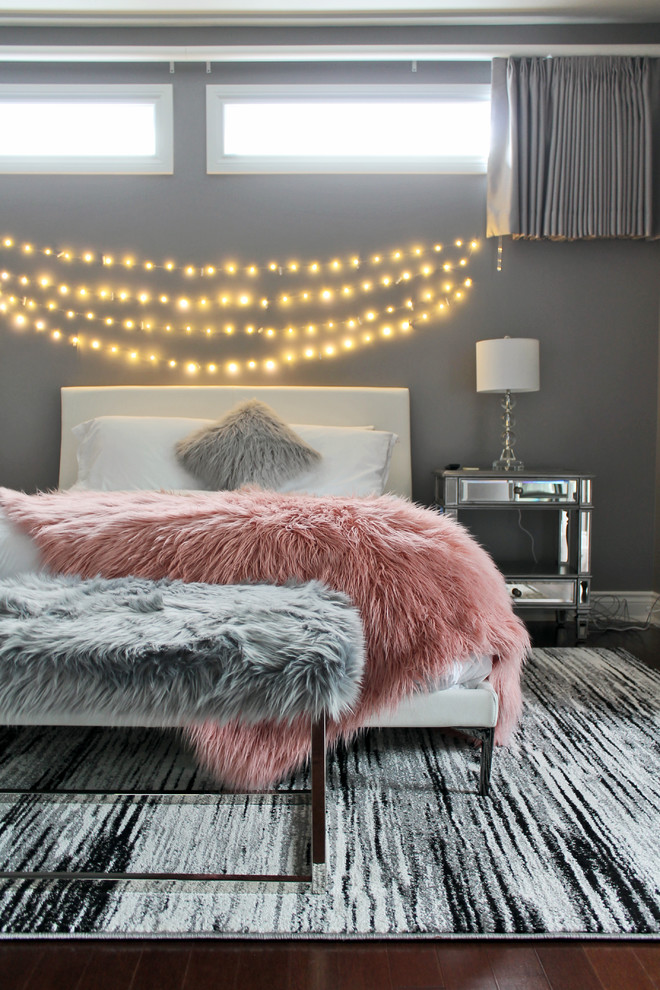 Design ideas for a classic grey and pink and grey and silver bedroom in Montreal.