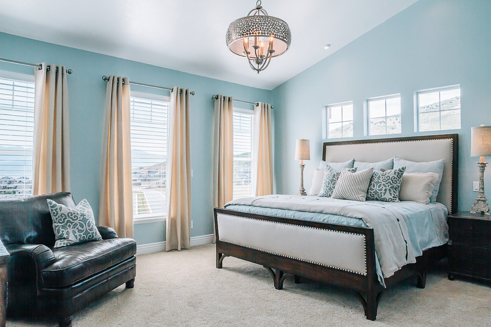 Bedroom - transitional carpeted bedroom idea in Salt Lake City with blue walls
