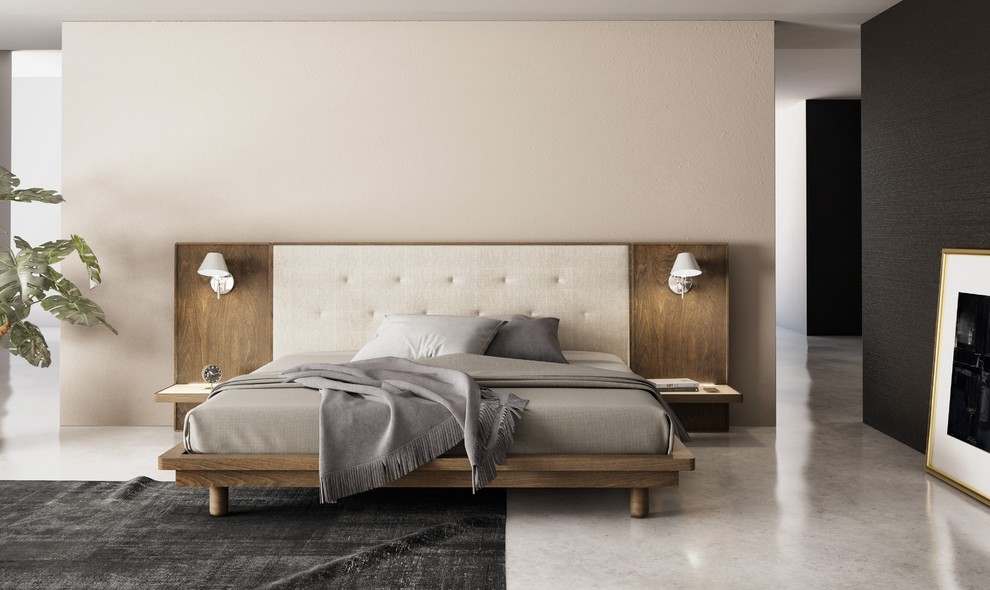 Diseño de dormitorio principal moderno grande con paredes rosas y suelo de cemento