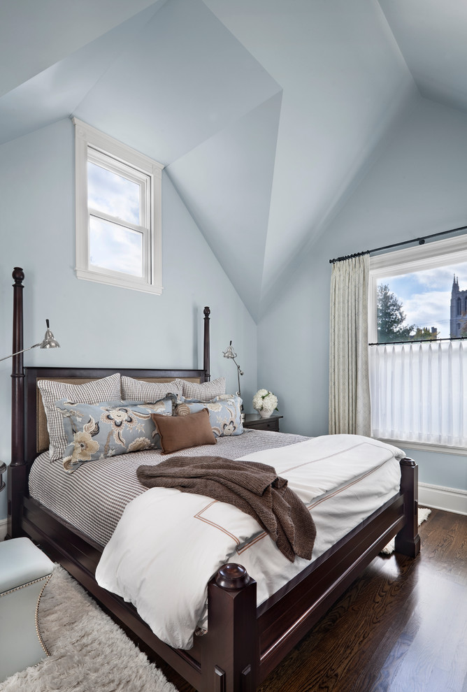 Example of a transitional bedroom design in Chicago with blue walls