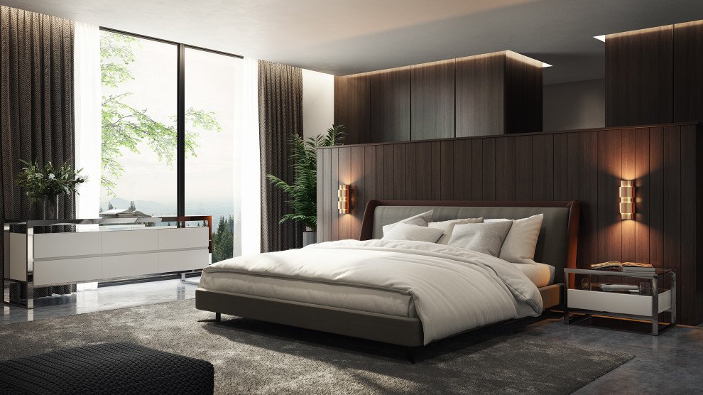 Modelo de dormitorio principal contemporáneo de tamaño medio con paredes marrones, suelo de cemento, suelo gris y panelado
