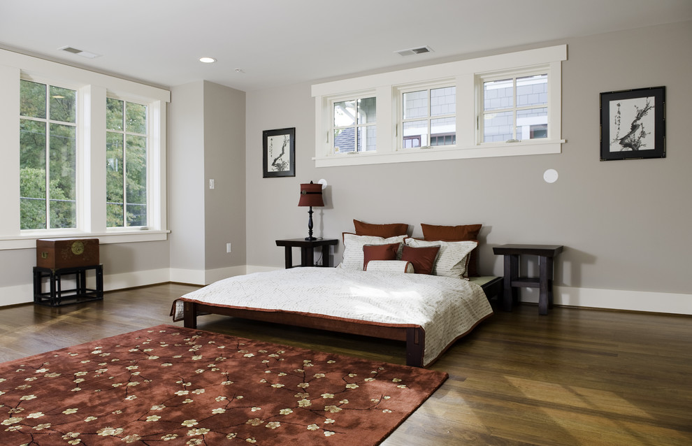 Пример оригинального дизайна: спальня в восточном стиле с серыми стенами