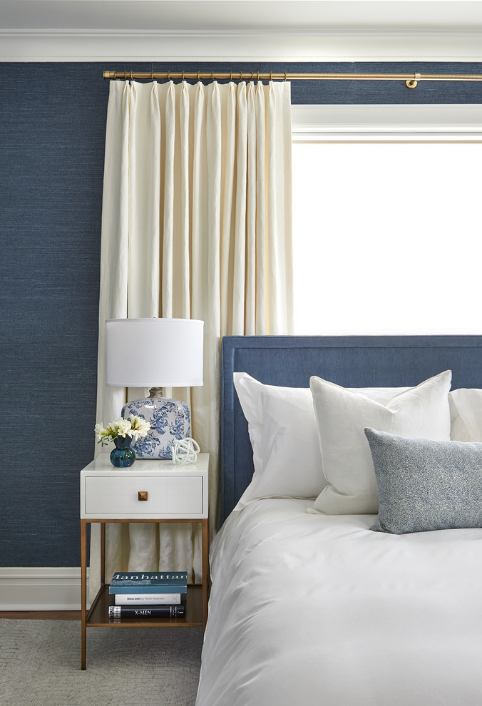 Design ideas for a classic bedroom in Toronto with blue walls, medium hardwood flooring and grey floors.