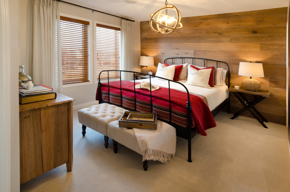 Пример оригинального дизайна: гостевая спальня среднего размера, (комната для гостей) в стиле рустика с серыми стенами и ковровым покрытием