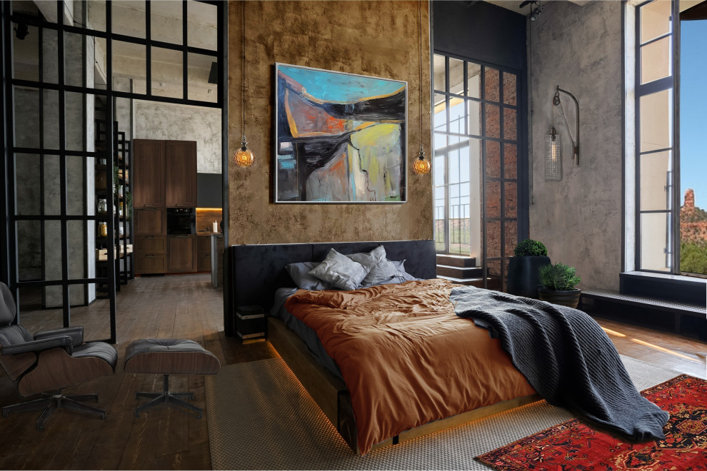 フェニックスにあるインダストリアルスタイルのおしゃれな主寝室 (茶色い壁、濃色無垢フローリング、暖炉なし) のインテリア
