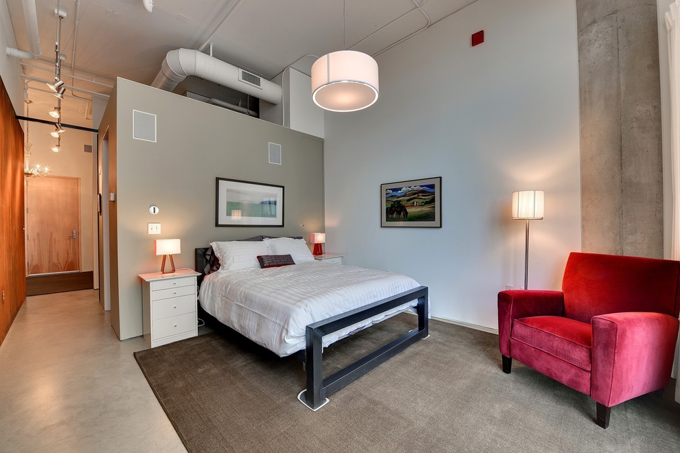 ミネアポリスにあるインダストリアルスタイルのおしゃれな寝室 (コンクリートの床、グレーの壁) のインテリア