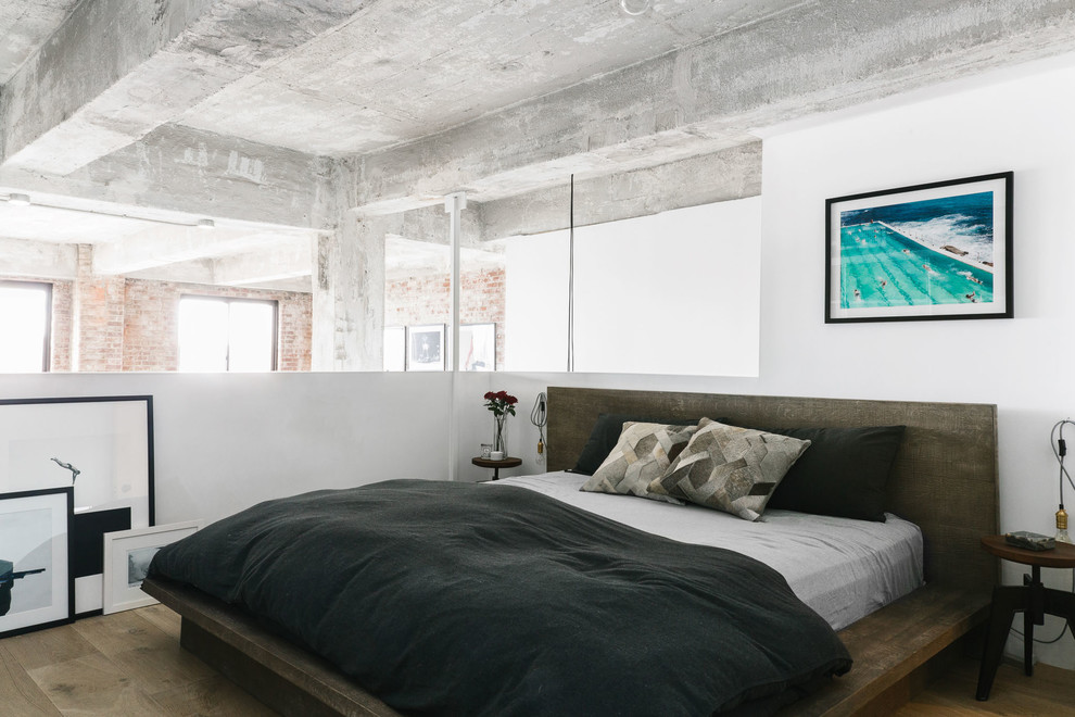 他の地域にあるインダストリアルスタイルのおしゃれなロフト寝室 (白い壁、濃色無垢フローリング、茶色い床) のインテリア