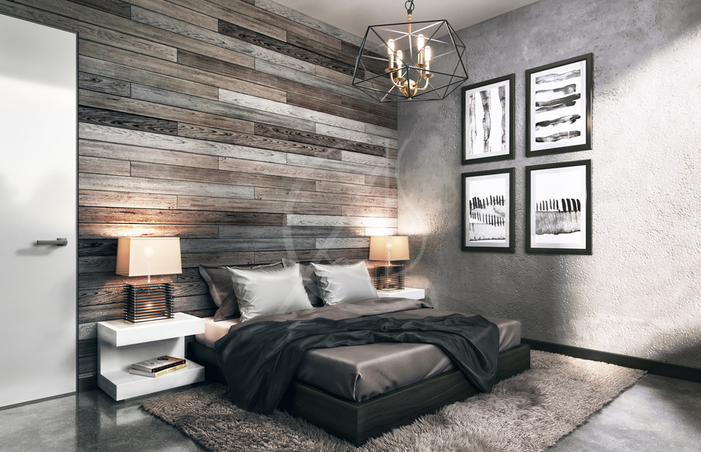 Пример оригинального дизайна: хозяйская спальня среднего размера в стиле лофт с бетонным полом, серым полом и серыми стенами без камина