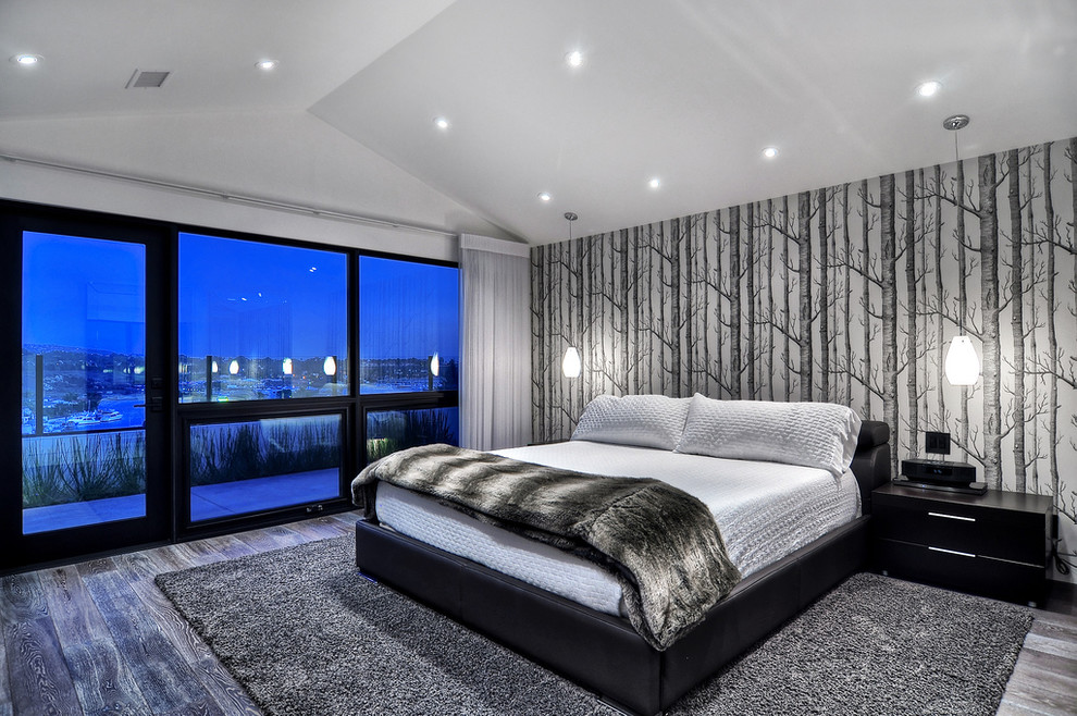 Mittelgroßes Modernes Hauptschlafzimmer mit weißer Wandfarbe, hellem Holzboden, Kamin und Kaminumrandung aus Metall in Orange County