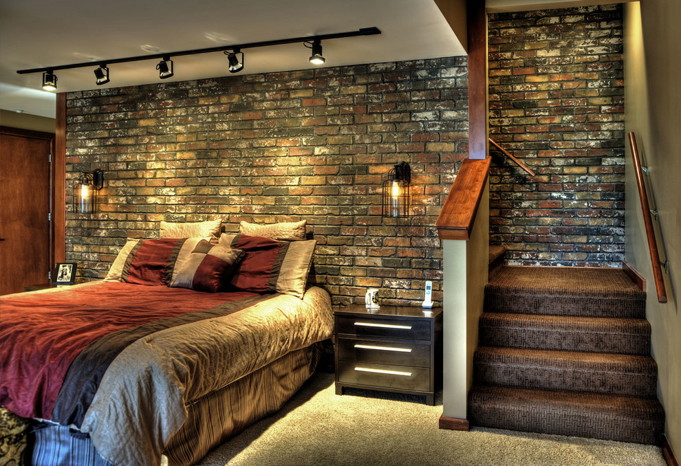 Réalisation d'une chambre design de taille moyenne avec un mur multicolore, aucune cheminée et un sol gris.