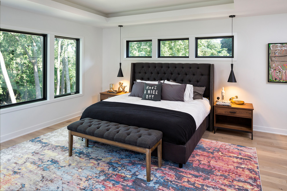 Mittelgroßes Modernes Hauptschlafzimmer mit weißer Wandfarbe, braunem Boden und hellem Holzboden in Minneapolis