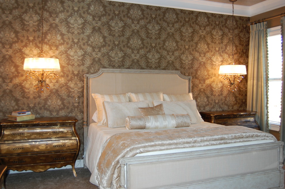 Bedroom - mid-sized traditional master carpeted and beige floor bedroom idea in Other with beige walls and no fireplace