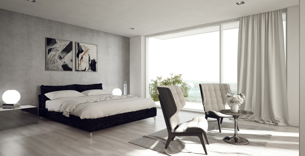 Großes Modernes Hauptschlafzimmer mit weißer Wandfarbe, Porzellan-Bodenfliesen und beigem Boden in Orlando
