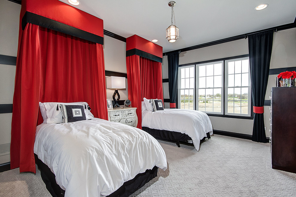 Источник вдохновения для домашнего уюта: гостевая спальня (комната для гостей) в современном стиле с серыми стенами и ковровым покрытием