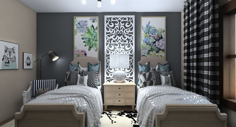 Modelo de habitación de invitados de tamaño medio con paredes grises y suelo de madera en tonos medios