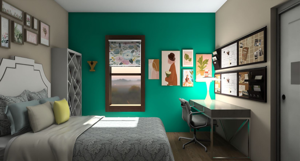 Mittelgroßes Landhausstil Schlafzimmer mit grüner Wandfarbe und braunem Holzboden in Atlanta