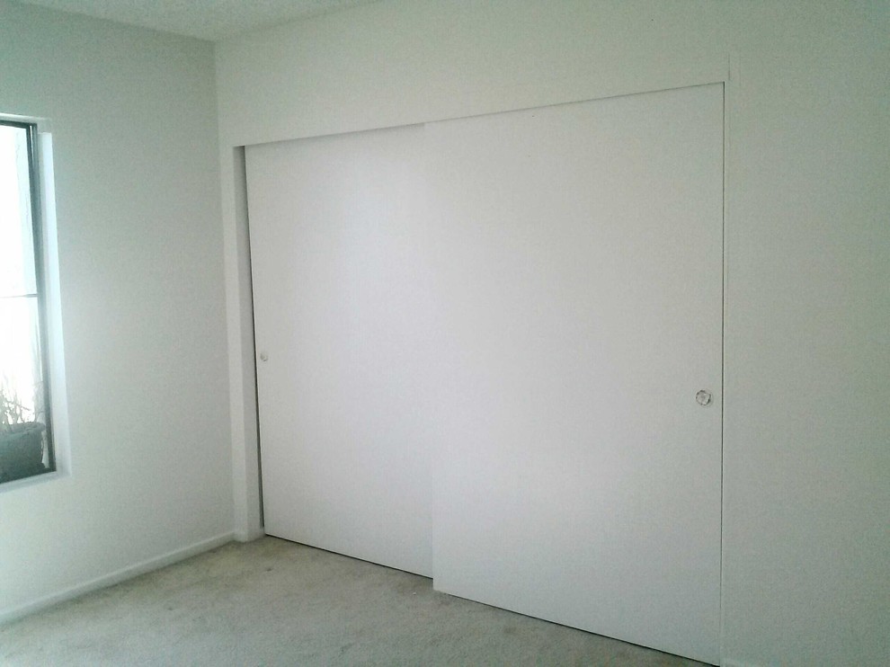 Kleines Klassisches Gästezimmer mit weißer Wandfarbe und Teppichboden in Orange County
