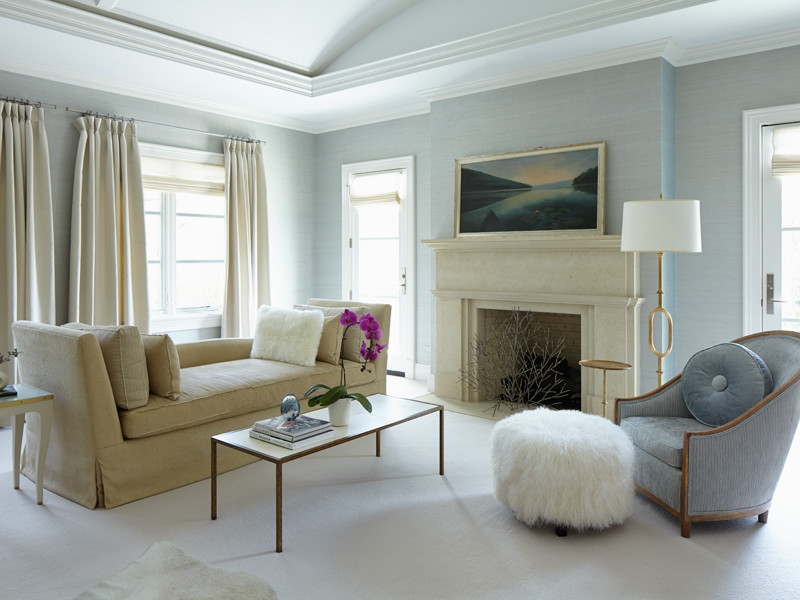 Example of a large transitional master carpeted bedroom design in Chicago with blue walls, a standard fireplace and a stone fireplace