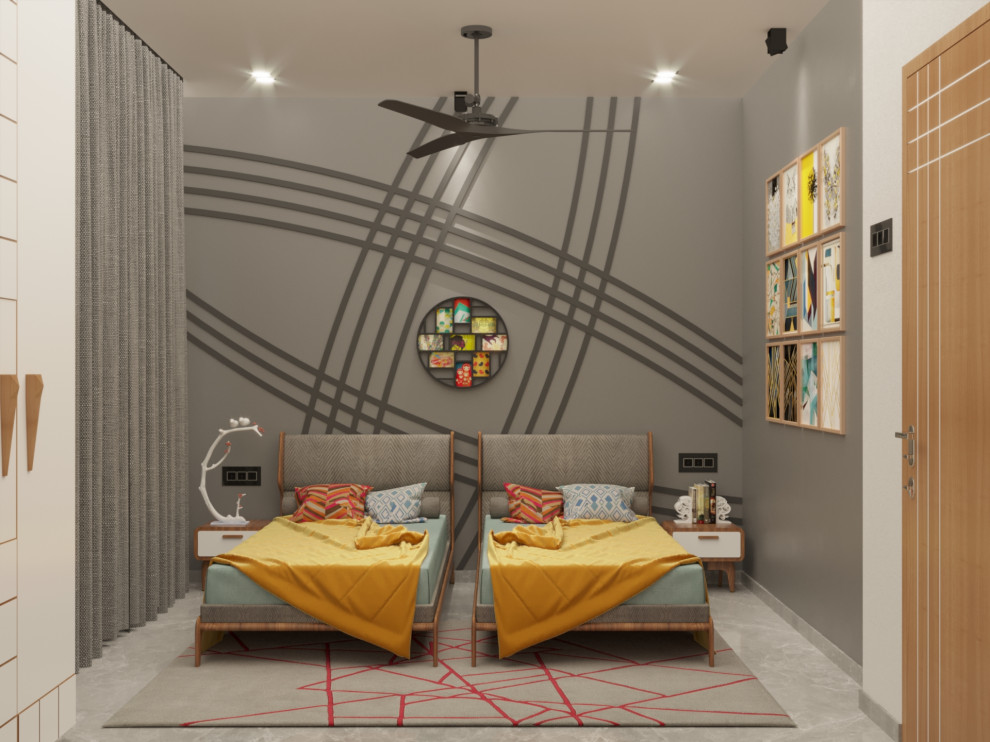Diseño de dormitorio tipo loft moderno grande sin chimenea con paredes grises, suelo de mármol, suelo gris y panelado