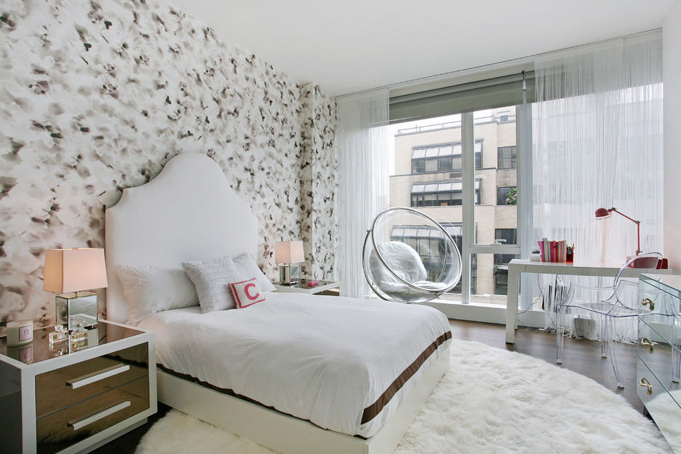 Bedroom - contemporary dark wood floor bedroom idea in Tampa with multicolored walls